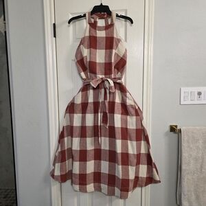 Retro Red and White Gingham Halter Dress - Size M